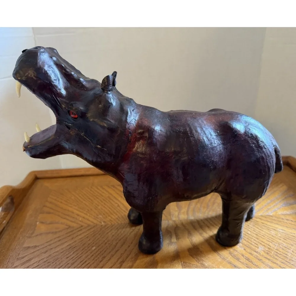 Vintage Leather Wrapped Hippo Hippopotamus Figure Red Eye 12x10x4 Decor